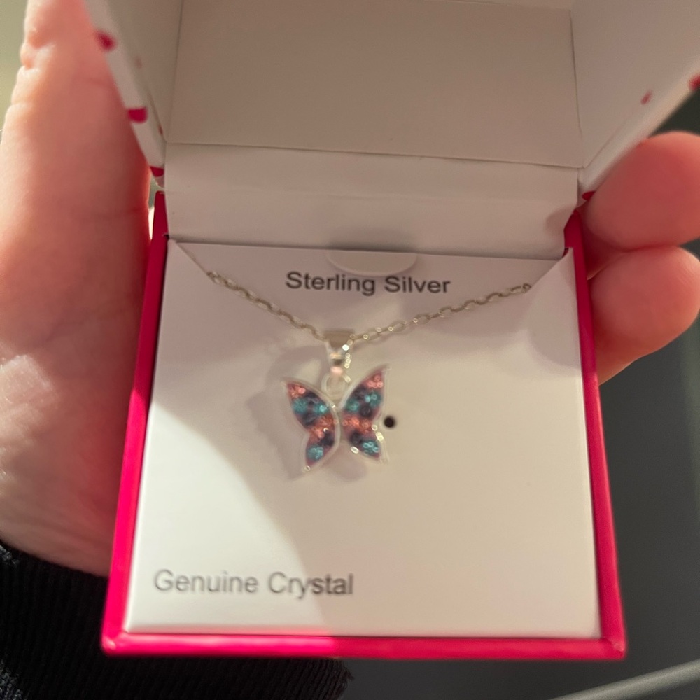 Sterling Silver Butterfly Necklace with Blue and Pink Crystals